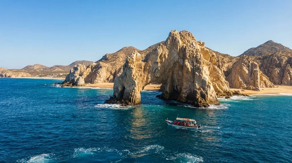 A granite rock arch rising from deep blue water at the tip of Baja California.