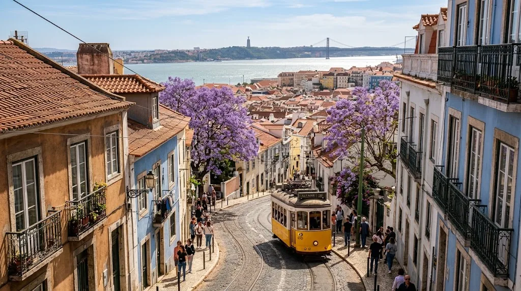 A yellow tram on a hilly Lisbon street in May with jacaranda trees in bloom