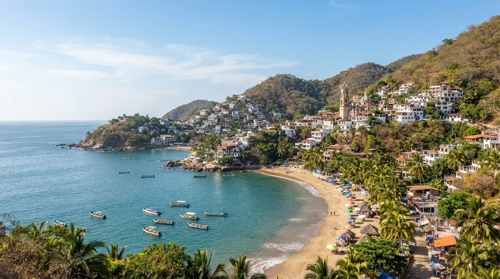 A white town with red tile roofs on green hills above a calm Pacific bay in Mexico.