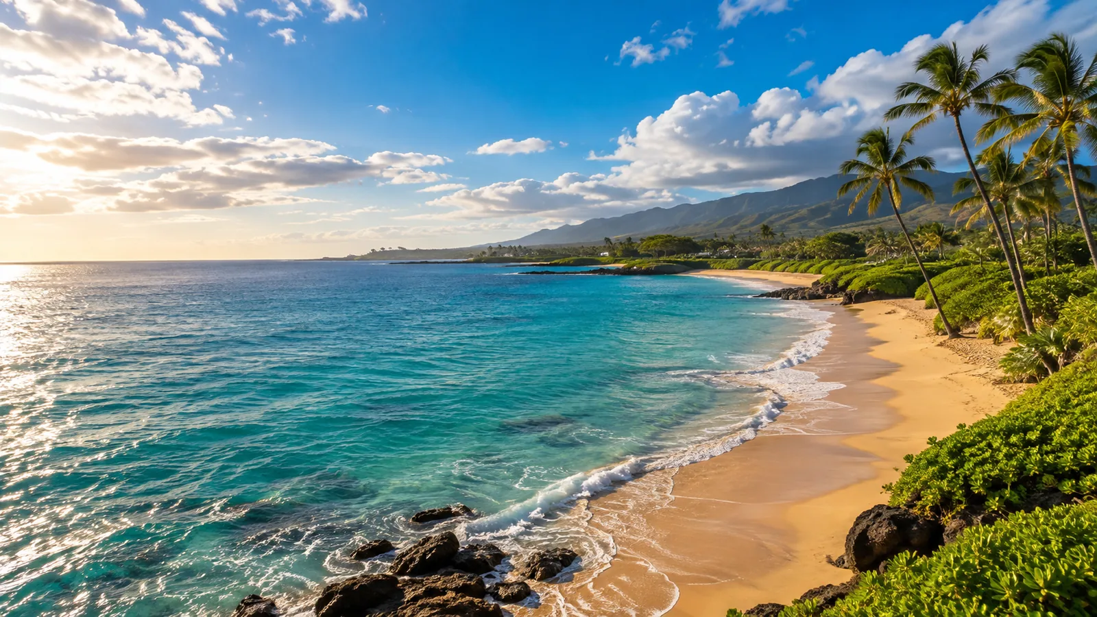 Tropical Hawaii beach with palm trees, turquoise ocean and partly cloudy December skies.