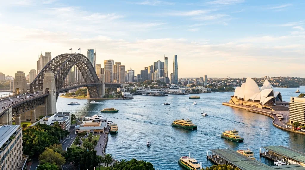 Sydney Harbour with its arch bridge and opera house on a clear autumn morning.