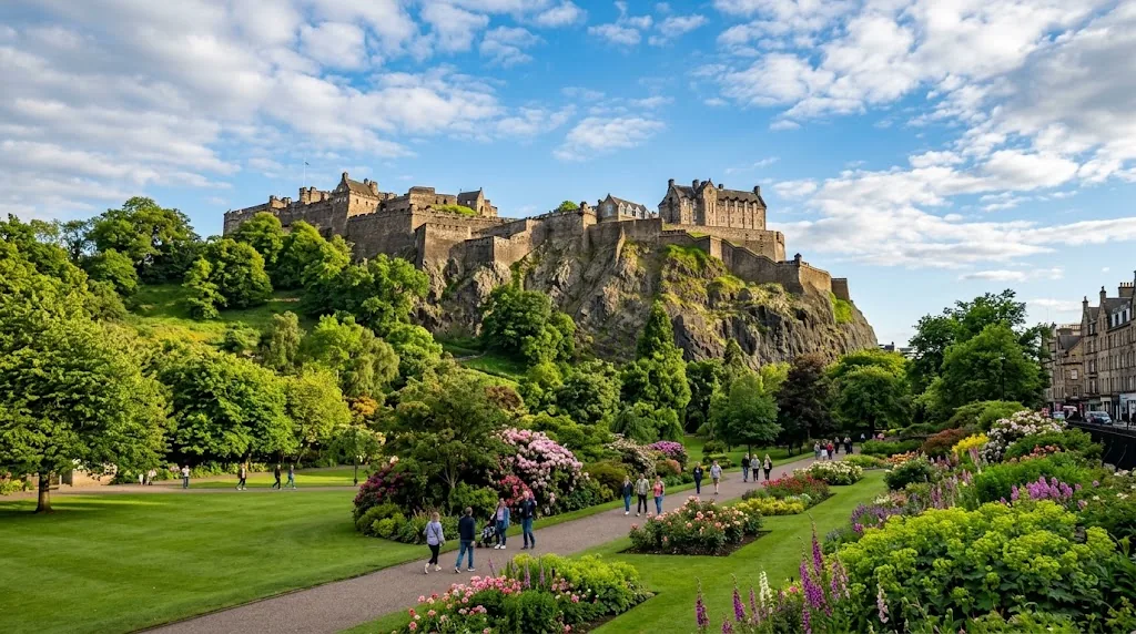 Edinburgh Castle on its rock above green gardens on a June evening.
