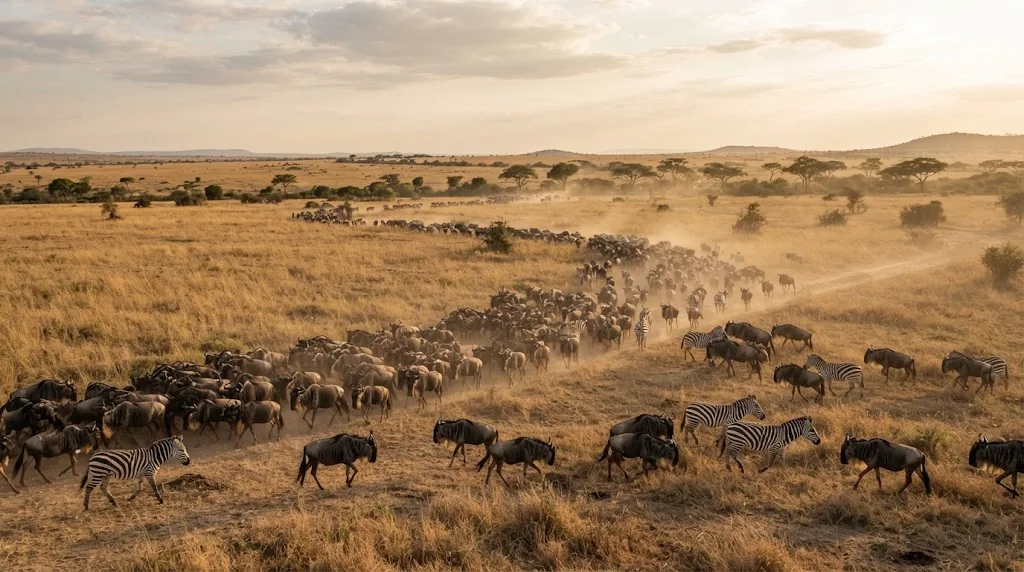 Wildebeest and zebra crossing golden grassland with acacia trees in Kenya.