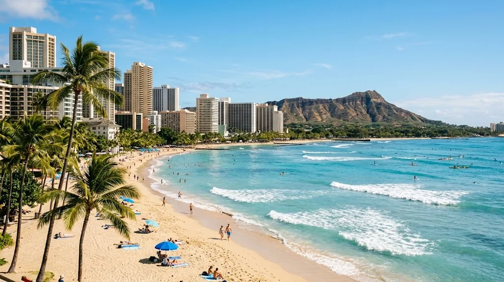 Sunny morning on a Honolulu beach with turquoise water and Diamond Head in the distance.