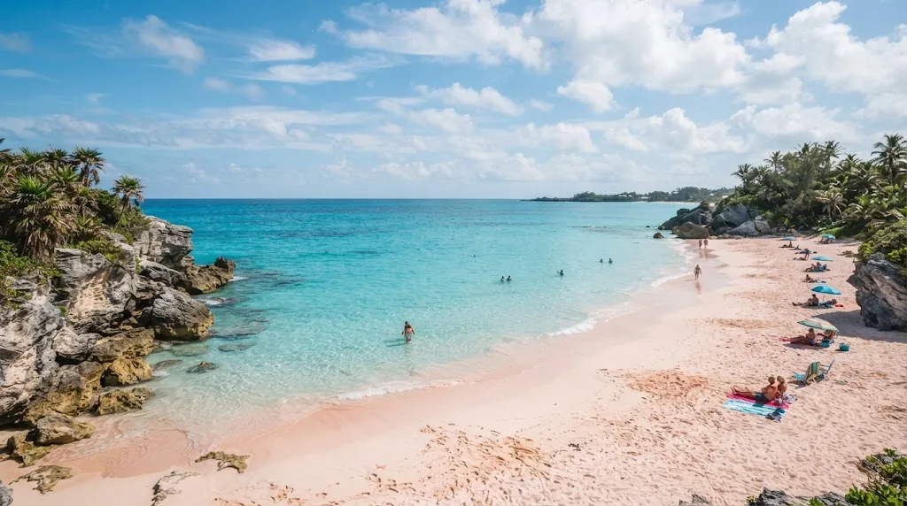 A curved pink sand beach in Bermuda with turquoise water and limestone rocks.