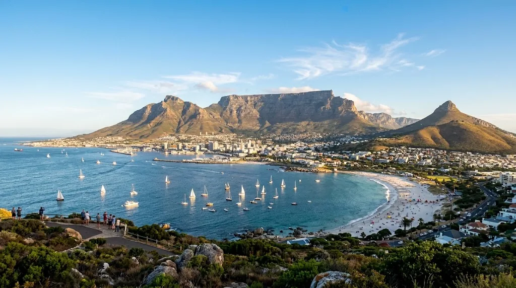 Table Mountain rising above a sunny Cape Town bay in late summer.