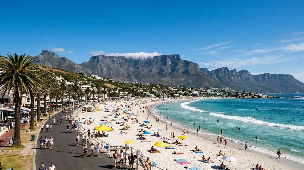 Camps Bay beach in Cape Town on a sunny December day with Table Mountain behind