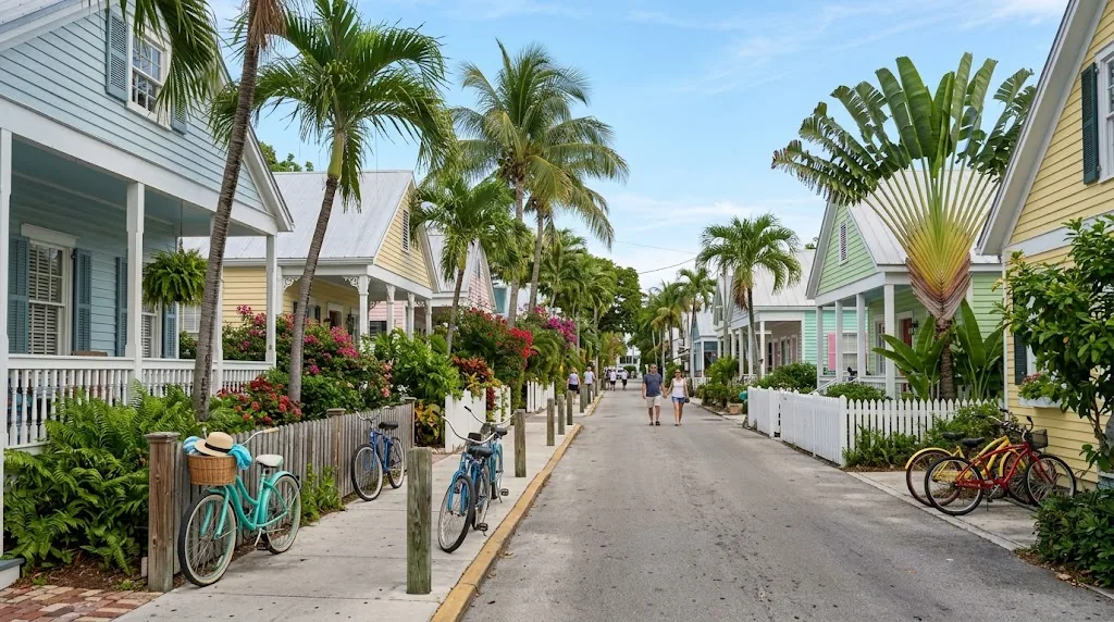 Pastel houses and palm trees on a sunny Key West style street in January