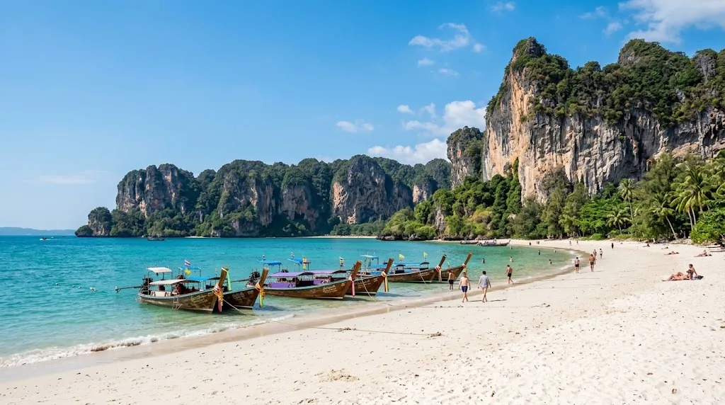 Long-tail boats on a sunny beach in Krabi, Thailand