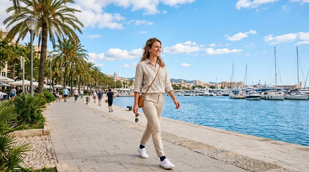Person in a linen shirt on a sunny waterfront on a 70 degree day
