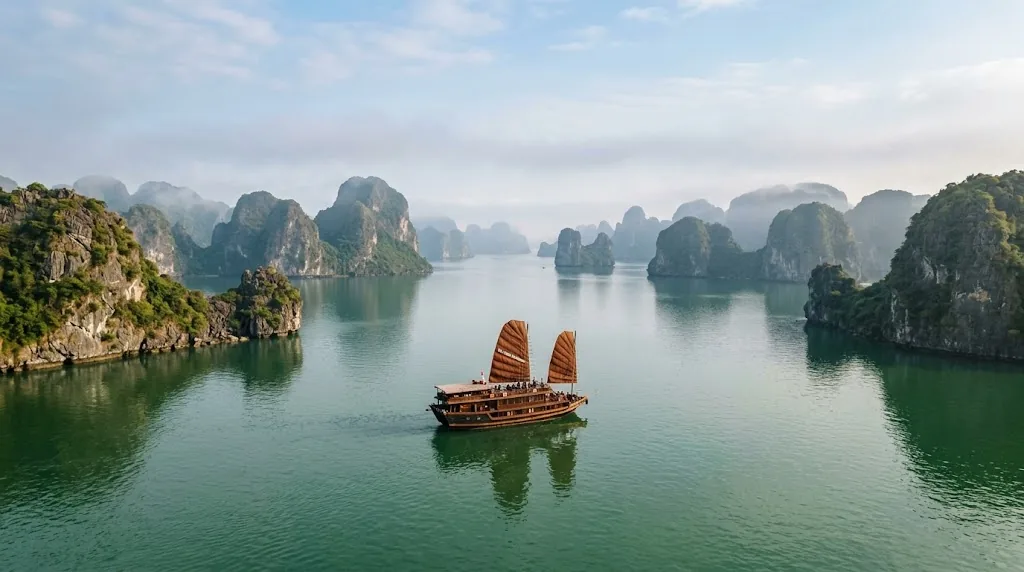 Limestone islands and a wooden sailing boat on calm water in Ha Long Bay on a misty morning.