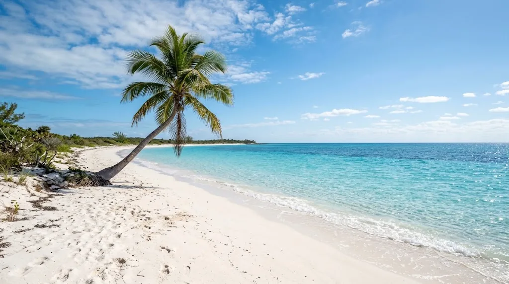 White sand beach with turquoise water in the Bahamas in January