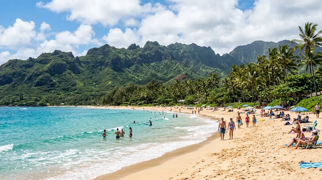 Sunny Hawaiian beach with palm trees and green mountains
