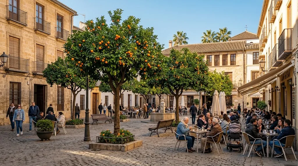 Sunny old town square in southern Spain with orange trees in December