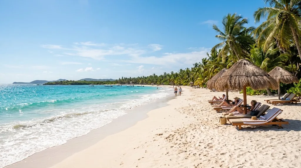 A white sand beach with turquoise water on the Mexican Caribbean coast in March.
