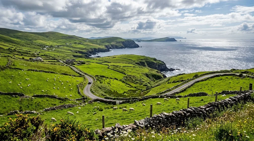 Green Irish coastal hills under broken clouds in late May.