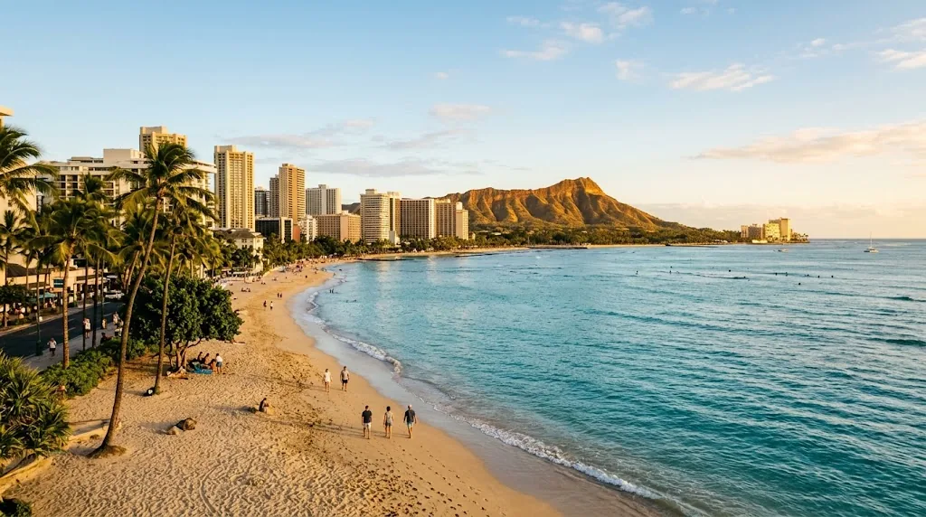 Waikiki beach in Honolulu with palm trees and a volcanic ridge in the distance.