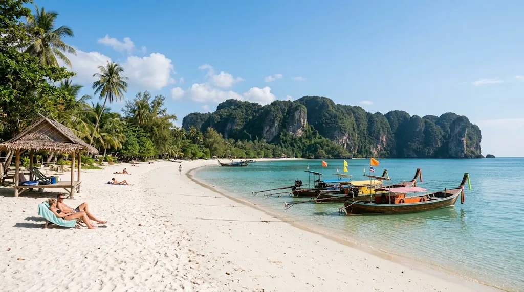 A calm white sand beach in Phuket with longtail boats and limestone cliffs