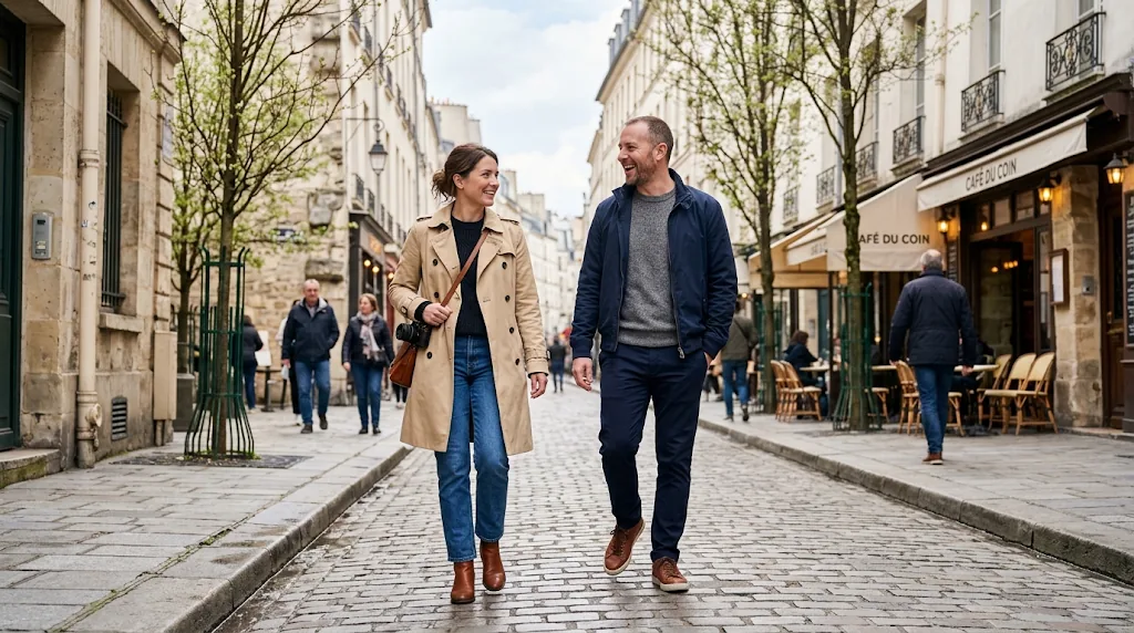 Man and woman wearing layered spring outfits while walking on a cool city street