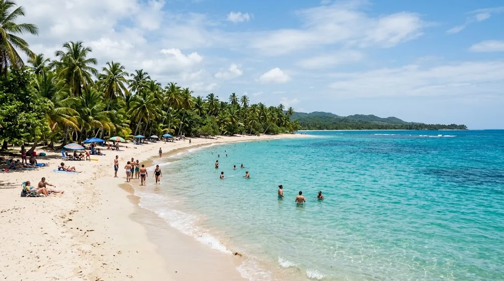 Sunny Puerto Rico beach with palm trees