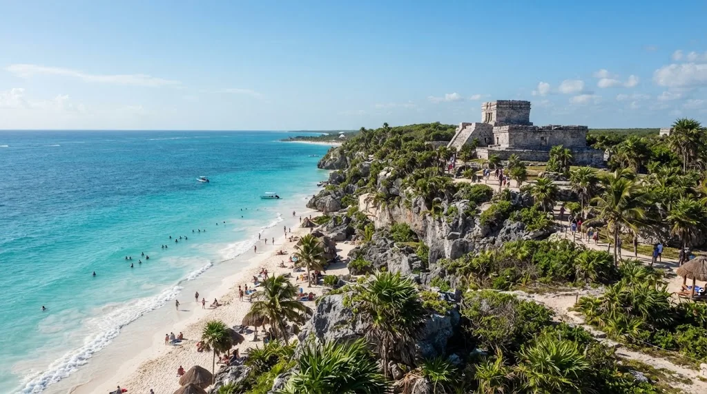 Mayan stone ruins on a clifftop above a white beach and turquoise sea in Tulum.