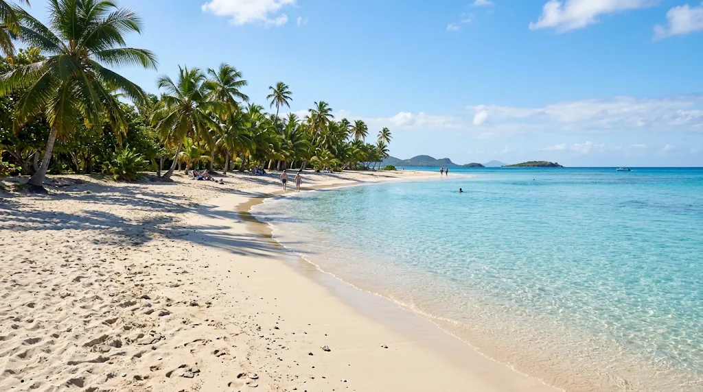 Sunny tropical beach with palm trees and turquoise water, ideal for a January getaway