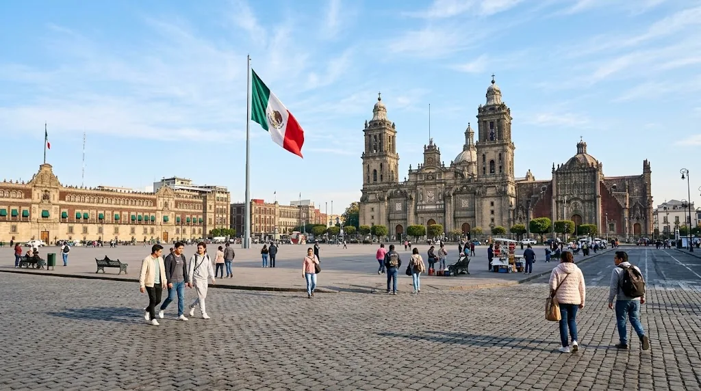A colonial cathedral on a sunny Mexico City plaza on a dry winter morning.